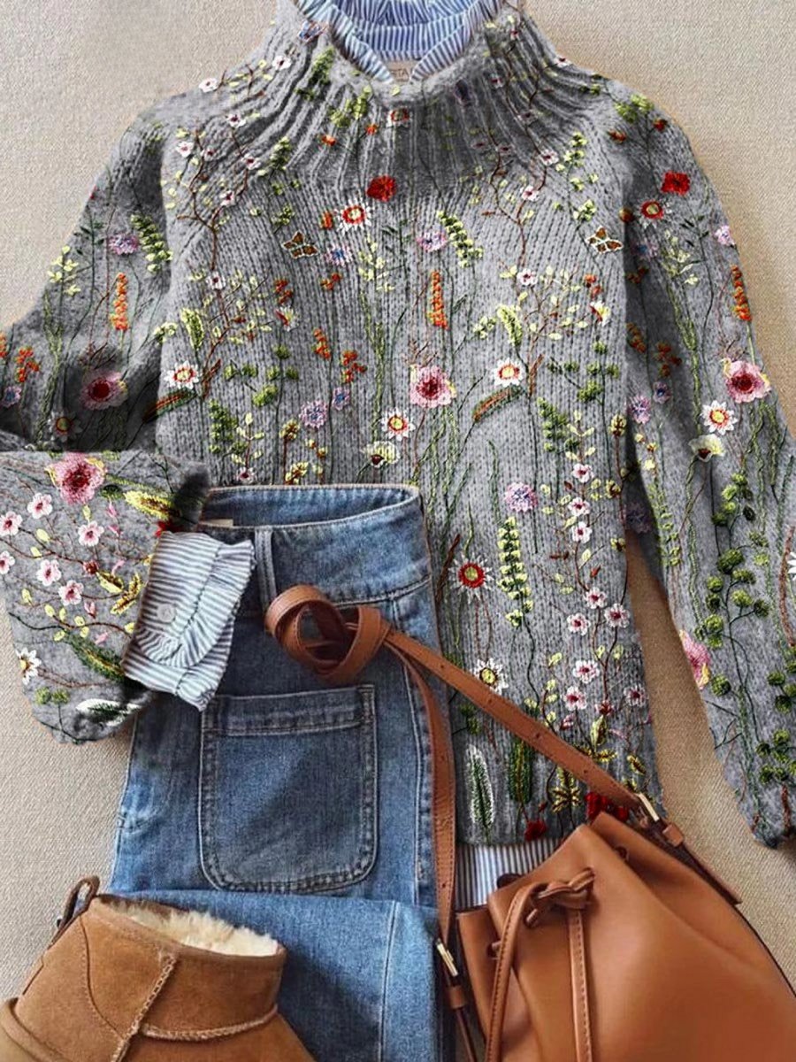 Women's Floral Embroidered Knit Turtleneck Sweater