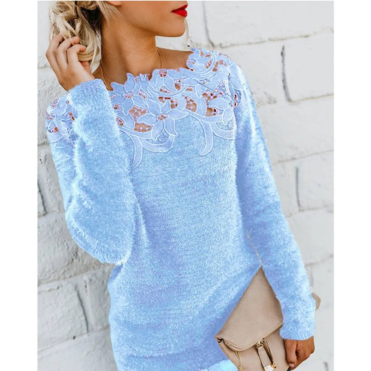 Women's Fluffy Knit Jumper with Floral Lace Neckline