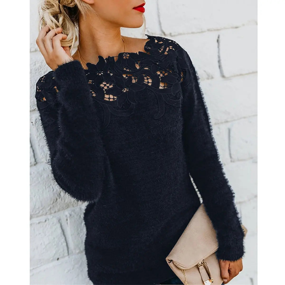 Women's Fluffy Knit Jumper with Floral Lace Neckline