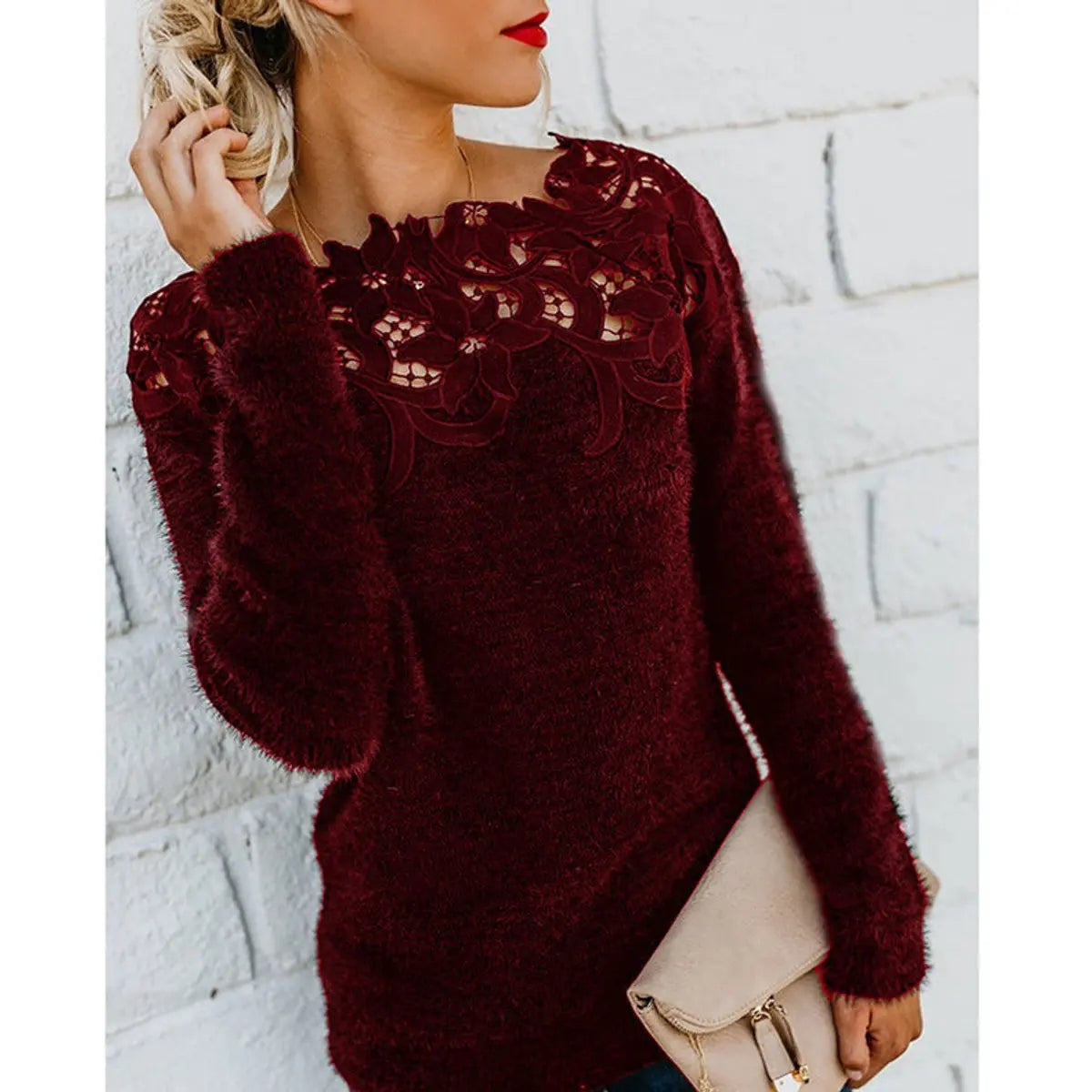 Women's Fluffy Knit Jumper with Floral Lace Neckline