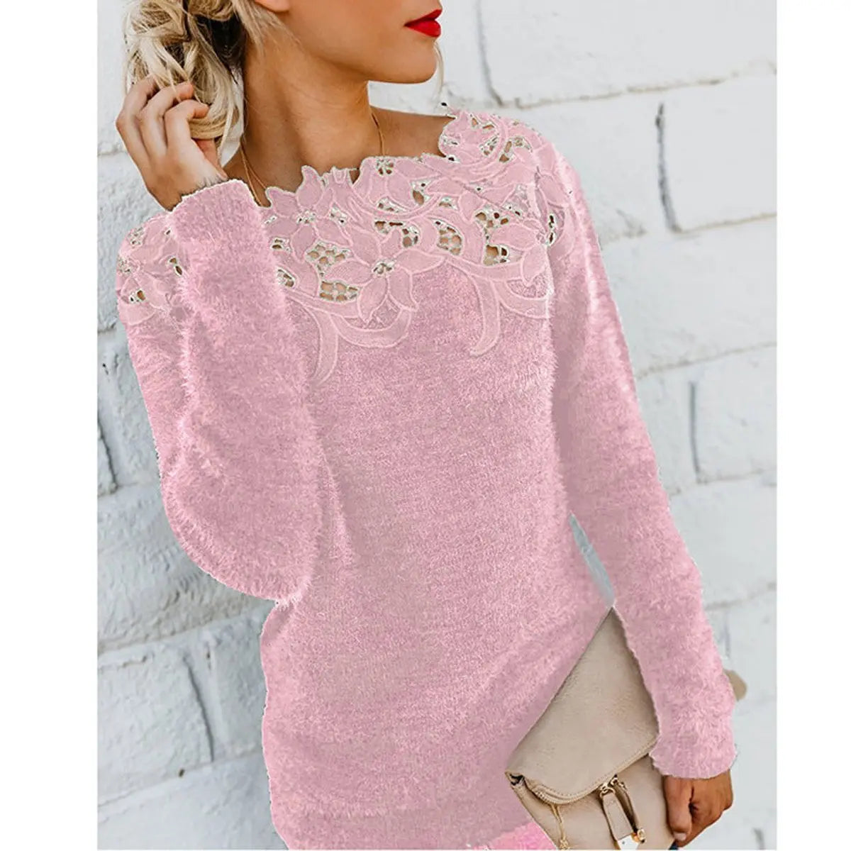 Women's Fluffy Knit Jumper with Floral Lace Neckline