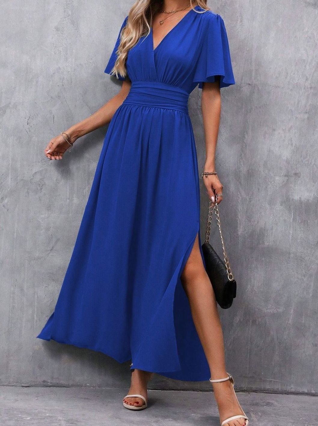 Women's Flutter-Sleeve V-Neck High-Waist Maxi Dress with Side Slit