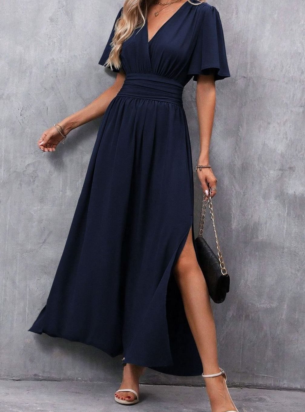 Women's Flutter-Sleeve V-Neck High-Waist Maxi Dress with Side Slit