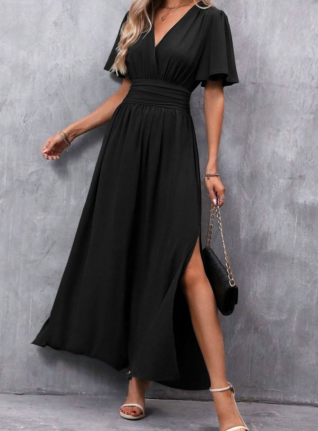 Women's Flutter-Sleeve V-Neck High-Waist Maxi Dress with Side Slit