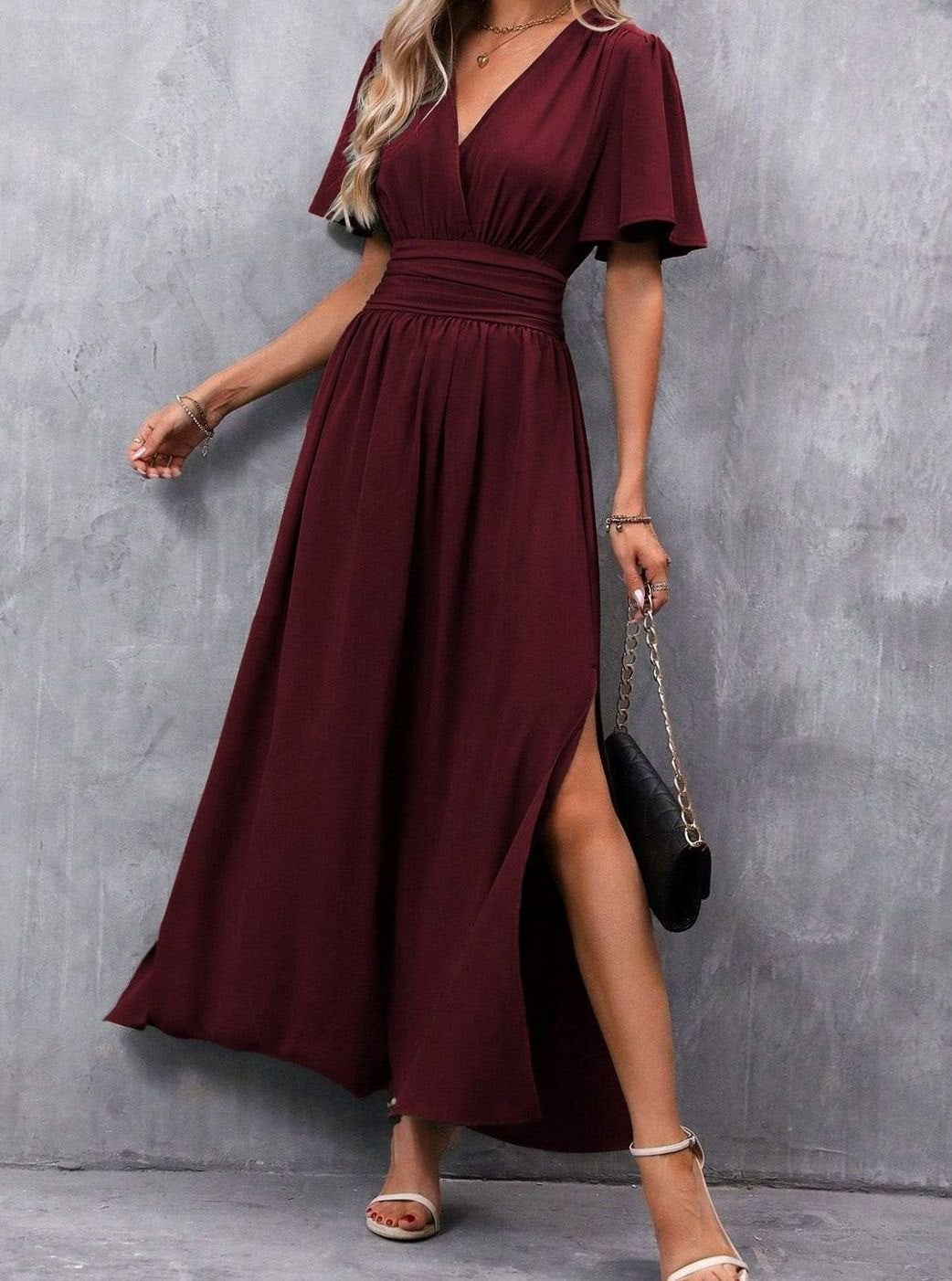 Women's Flutter-Sleeve V-Neck High-Waist Maxi Dress with Side Slit