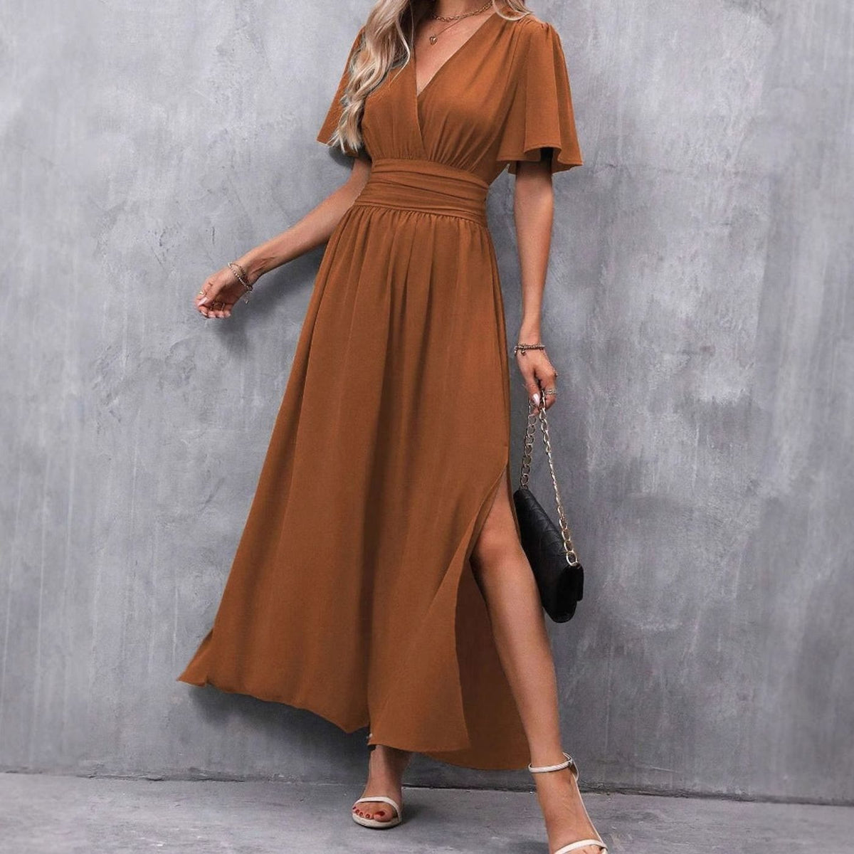 Women's Flutter-Sleeve V-Neck High-Waist Maxi Dress with Side Slit