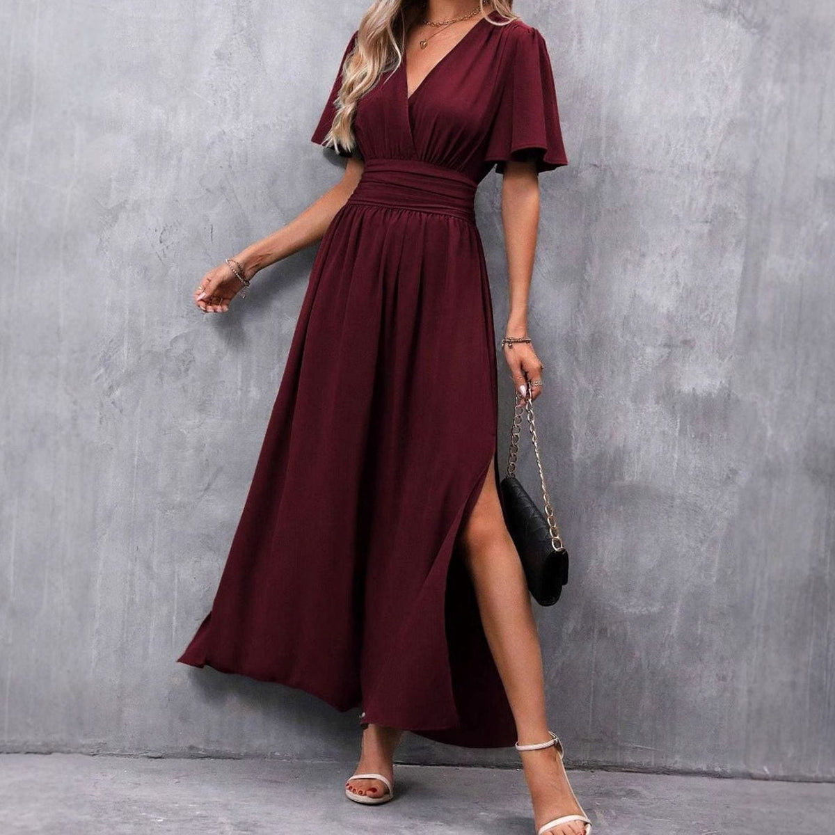 Women's Flutter-Sleeve V-Neck High-Waist Maxi Dress with Side Slit
