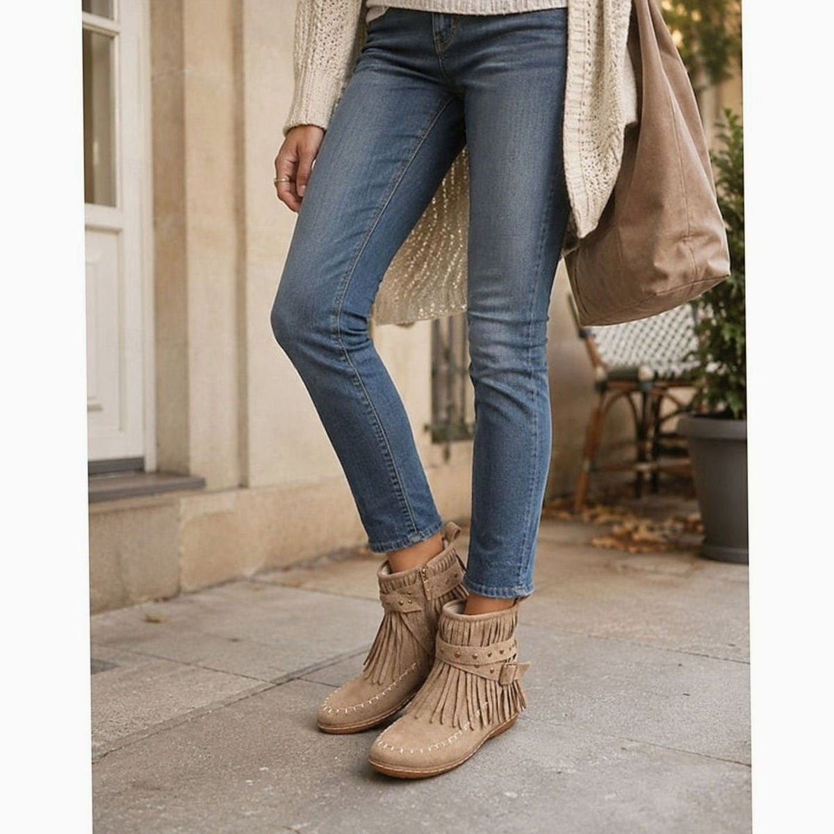 Women's Fringe Moccasin Flat Ankle Boots with Buckle Strap and Side Zip