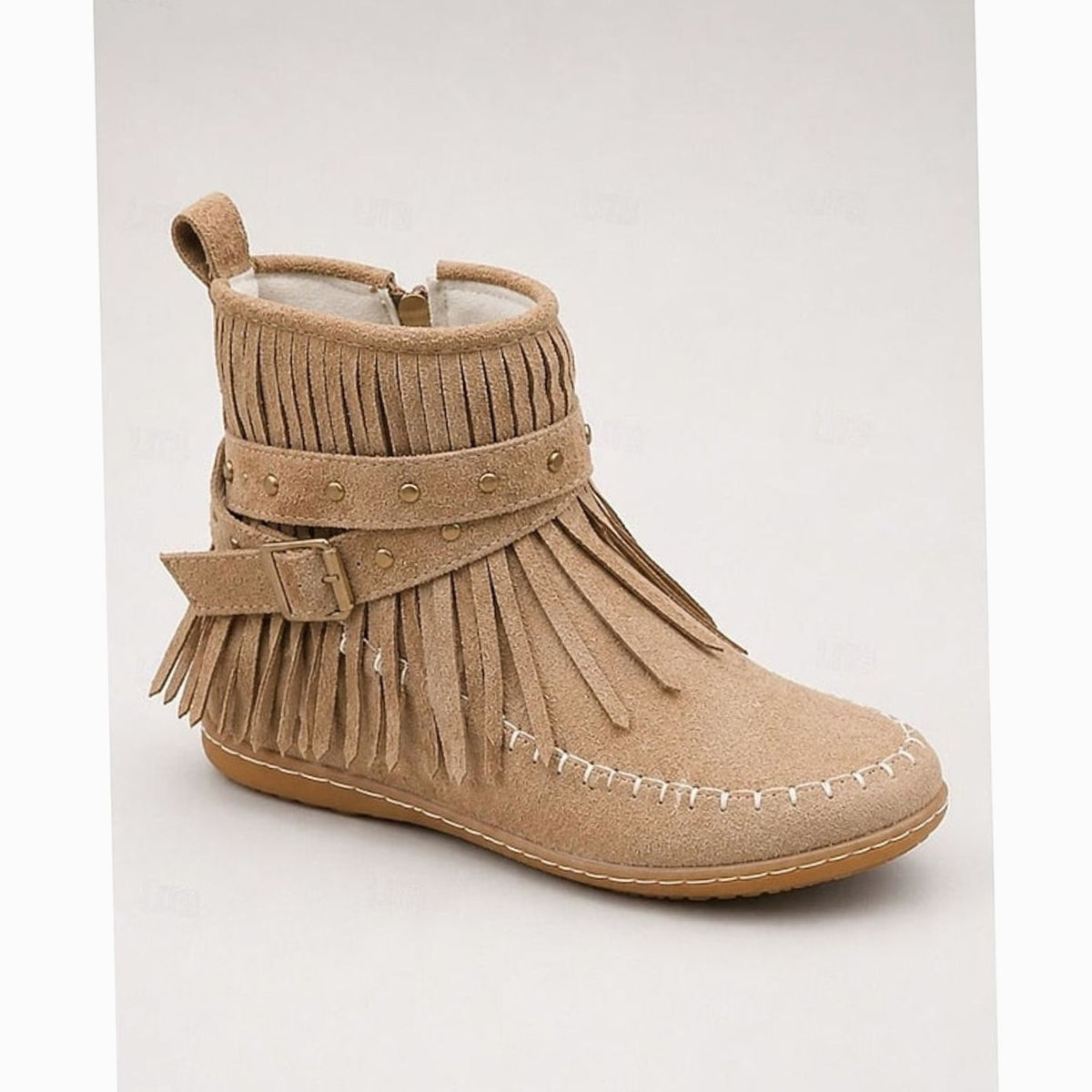 Women's Fringe Moccasin Flat Ankle Boots with Buckle Strap and Side Zip