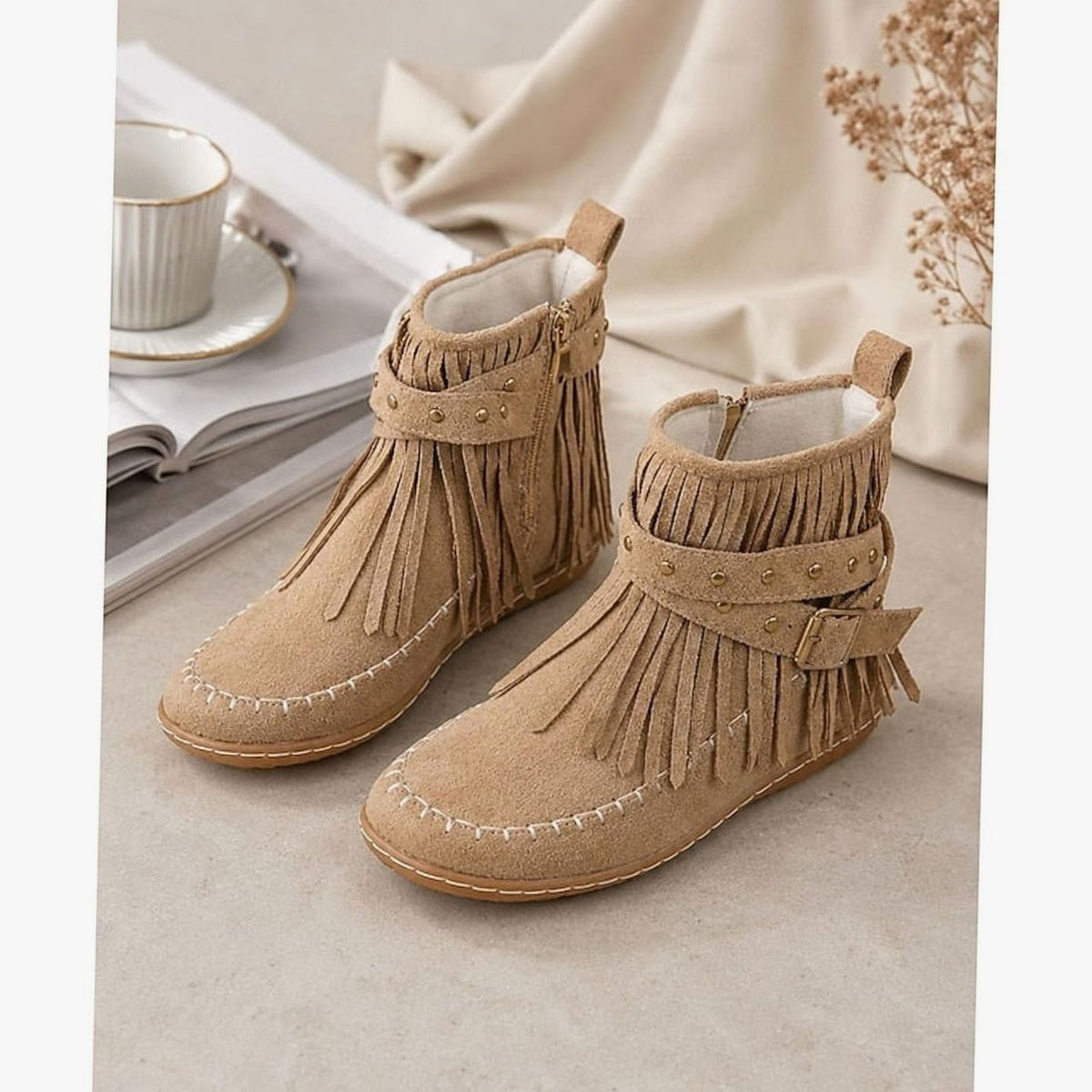 Women's Fringe Moccasin Flat Ankle Boots with Buckle Strap and Side Zip