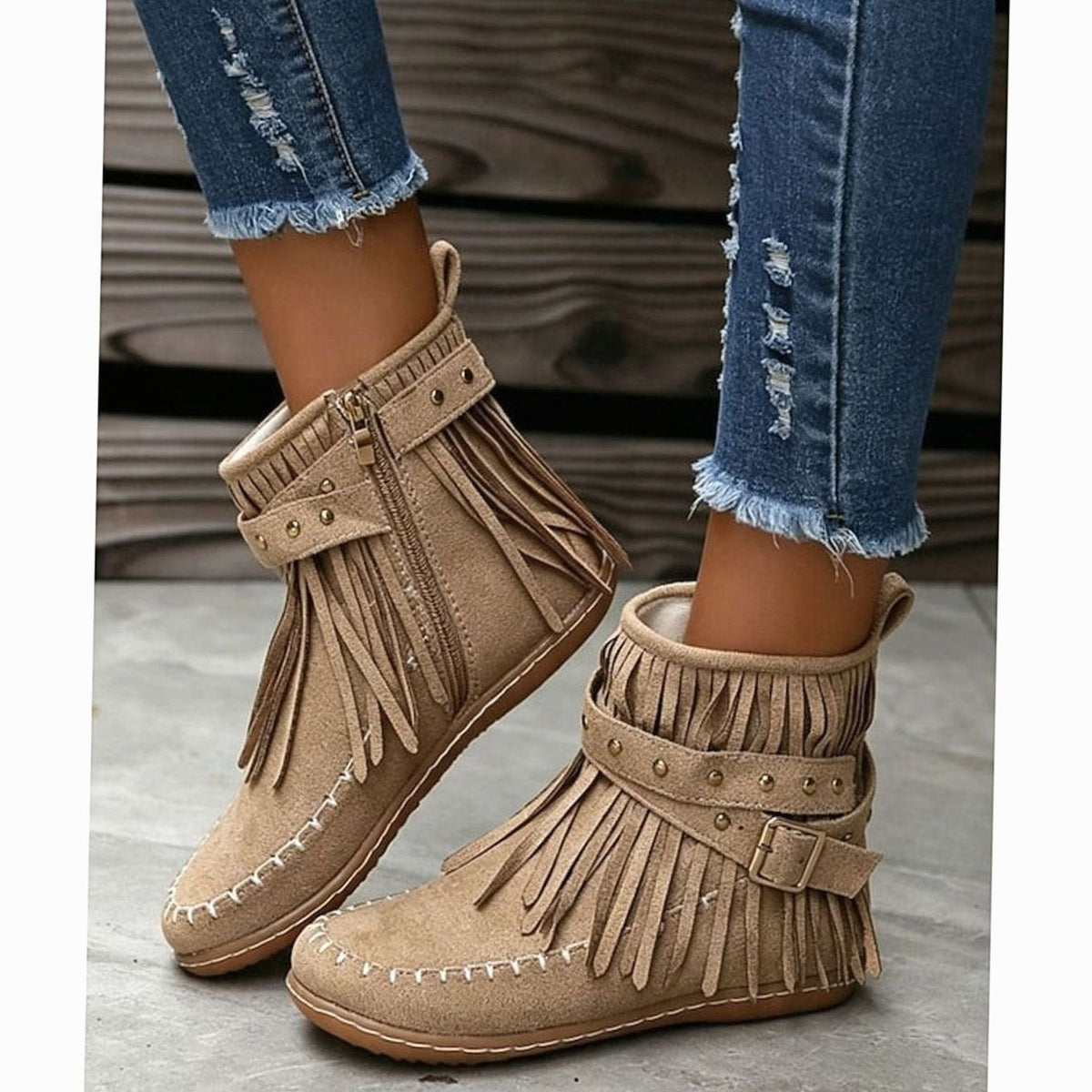 Women's Fringe Moccasin Flat Ankle Boots with Buckle Strap and Side Zip