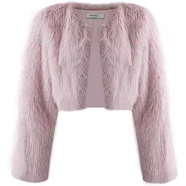 Women's Glamorous Cropped Faux Fur Jacket with Loose Sleeves