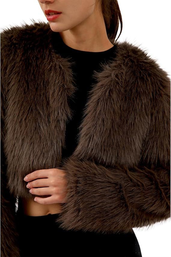 Women's Glamorous Cropped Faux Fur Jacket with Loose Sleeves