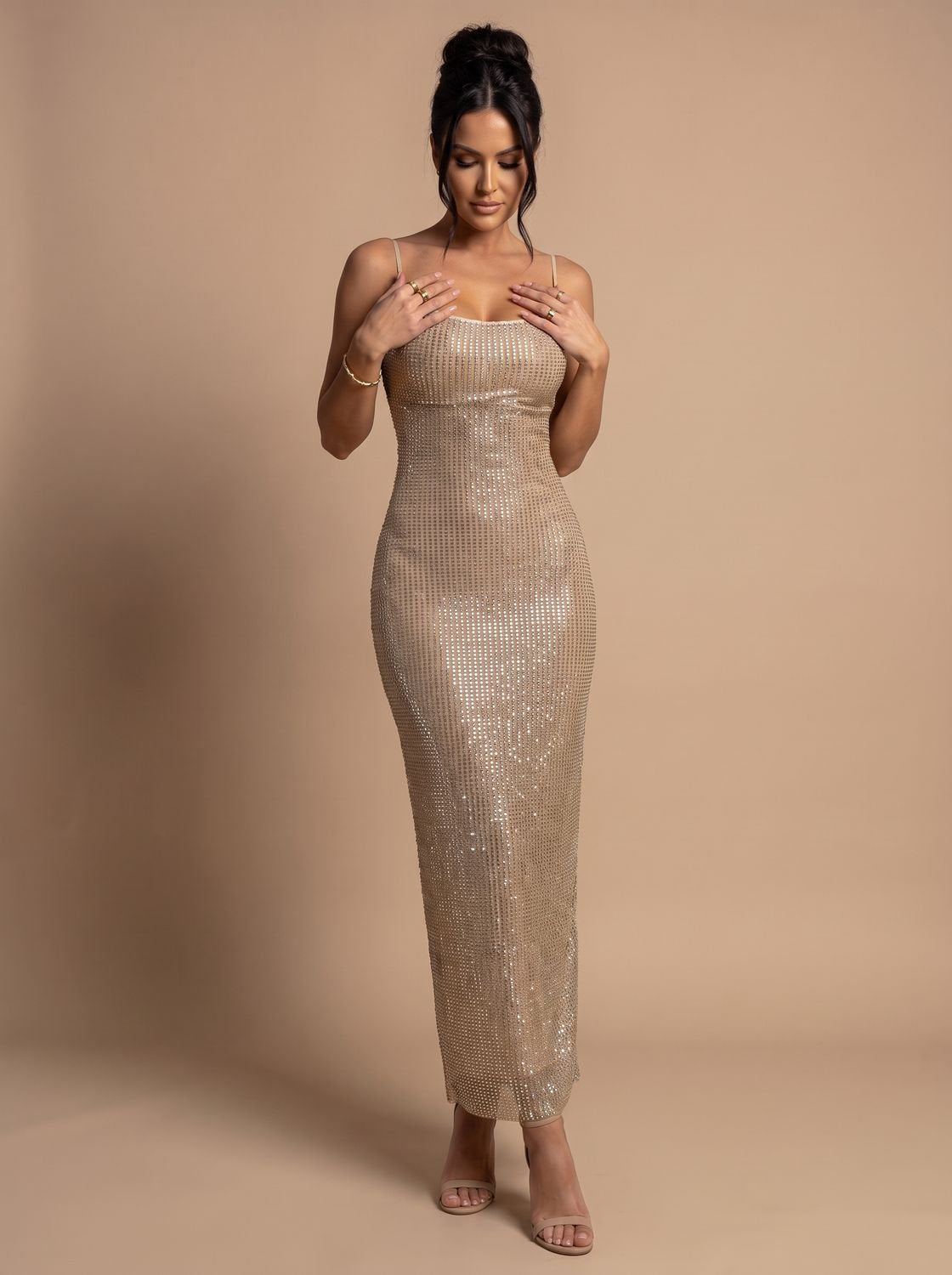Women's Gold Glitter Spaghetti-Strap Christmas Party Dress