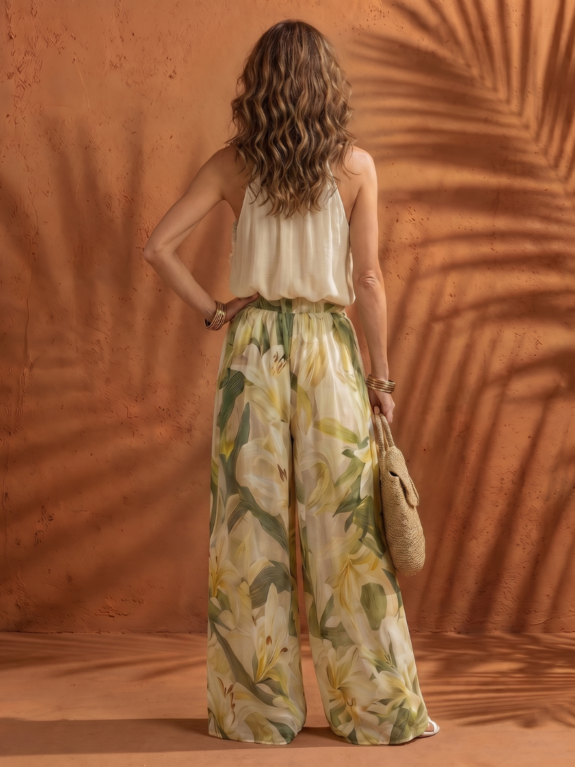 Women's Halter Floral Wide Leg Set
