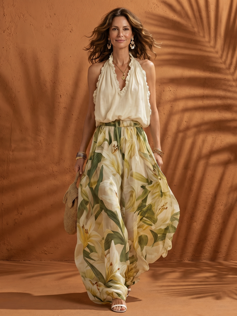 Women's Halter Floral Wide Leg Set