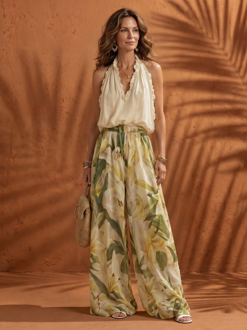 Women's Halter Floral Wide Leg Set
