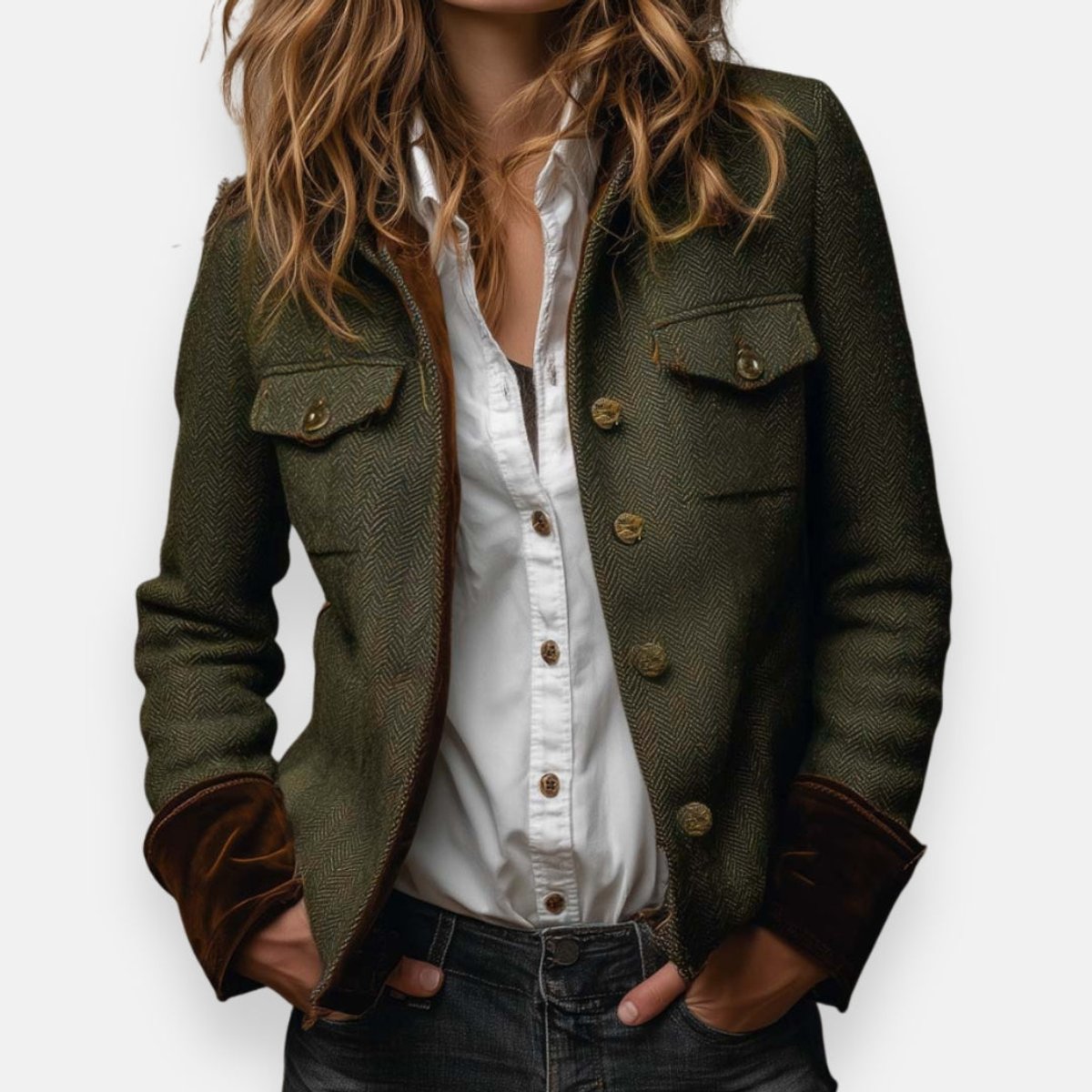 Women's Herringbone Tweed Utility Jacket with Gold Buttons