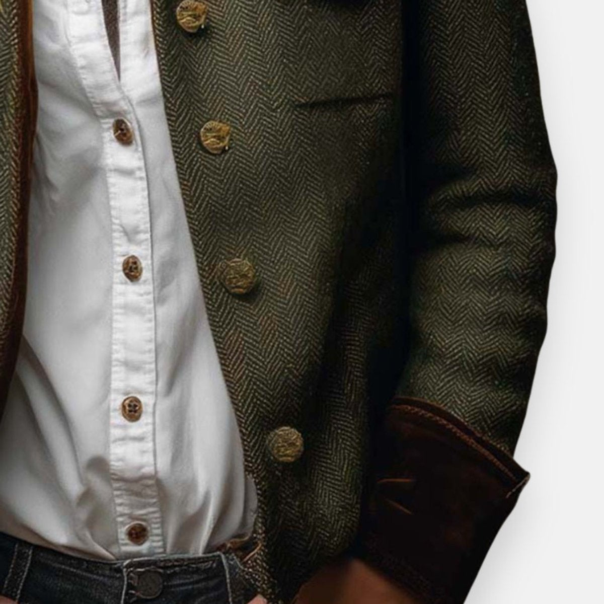 Women's Herringbone Tweed Utility Jacket with Gold Buttons