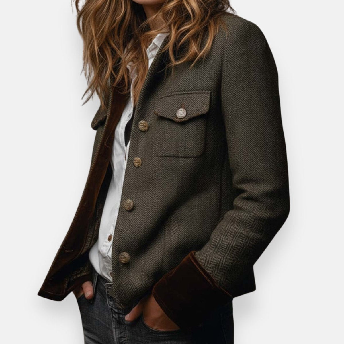 Women's Herringbone Tweed Utility Jacket with Gold Buttons