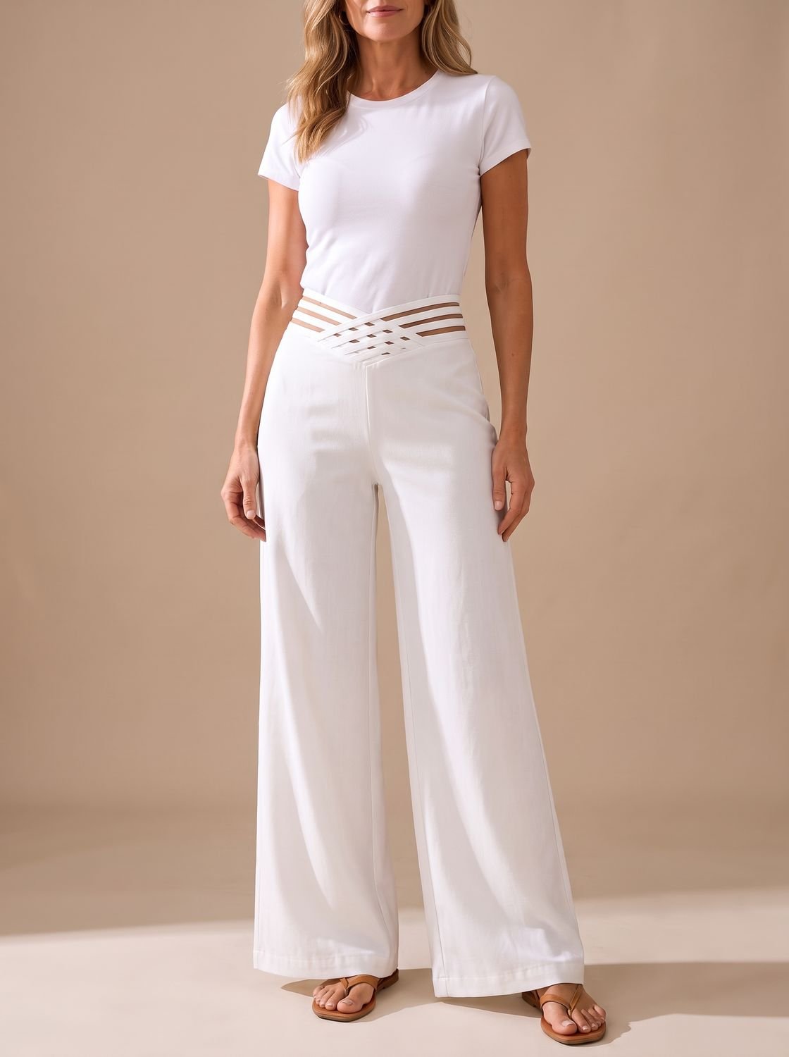 Women's High-Waist Crossover-Waistband Wide-Leg Pants