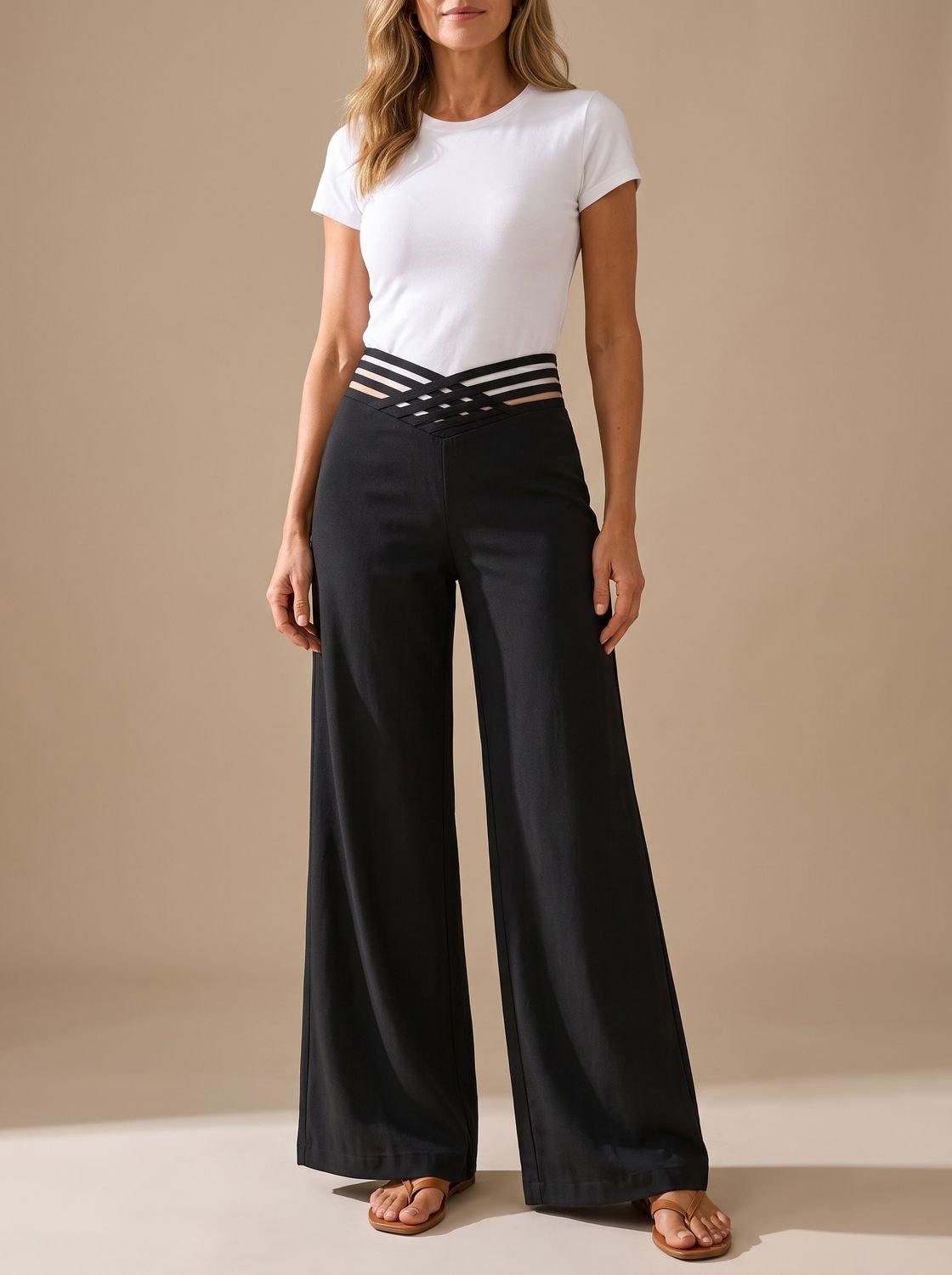 Women's High-Waist Crossover-Waistband Wide-Leg Pants