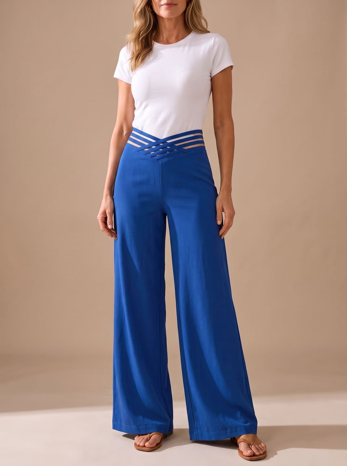 Women's High-Waist Crossover-Waistband Wide-Leg Pants