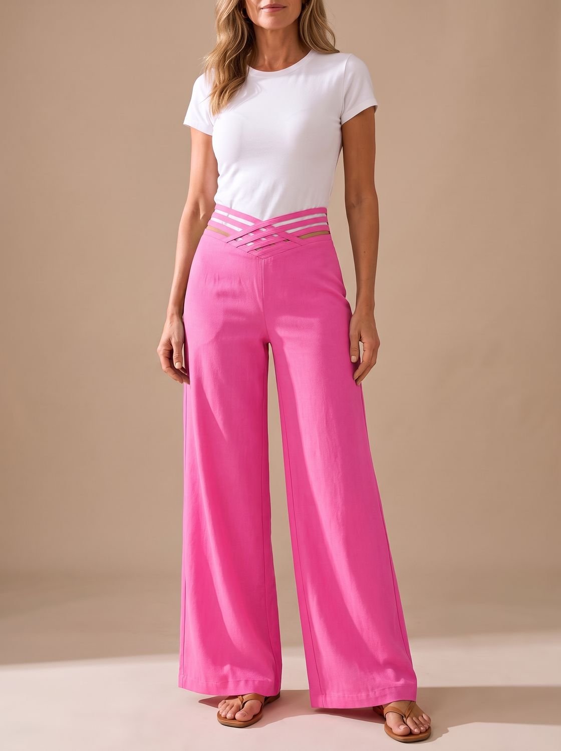 Women's High-Waist Crossover-Waistband Wide-Leg Pants