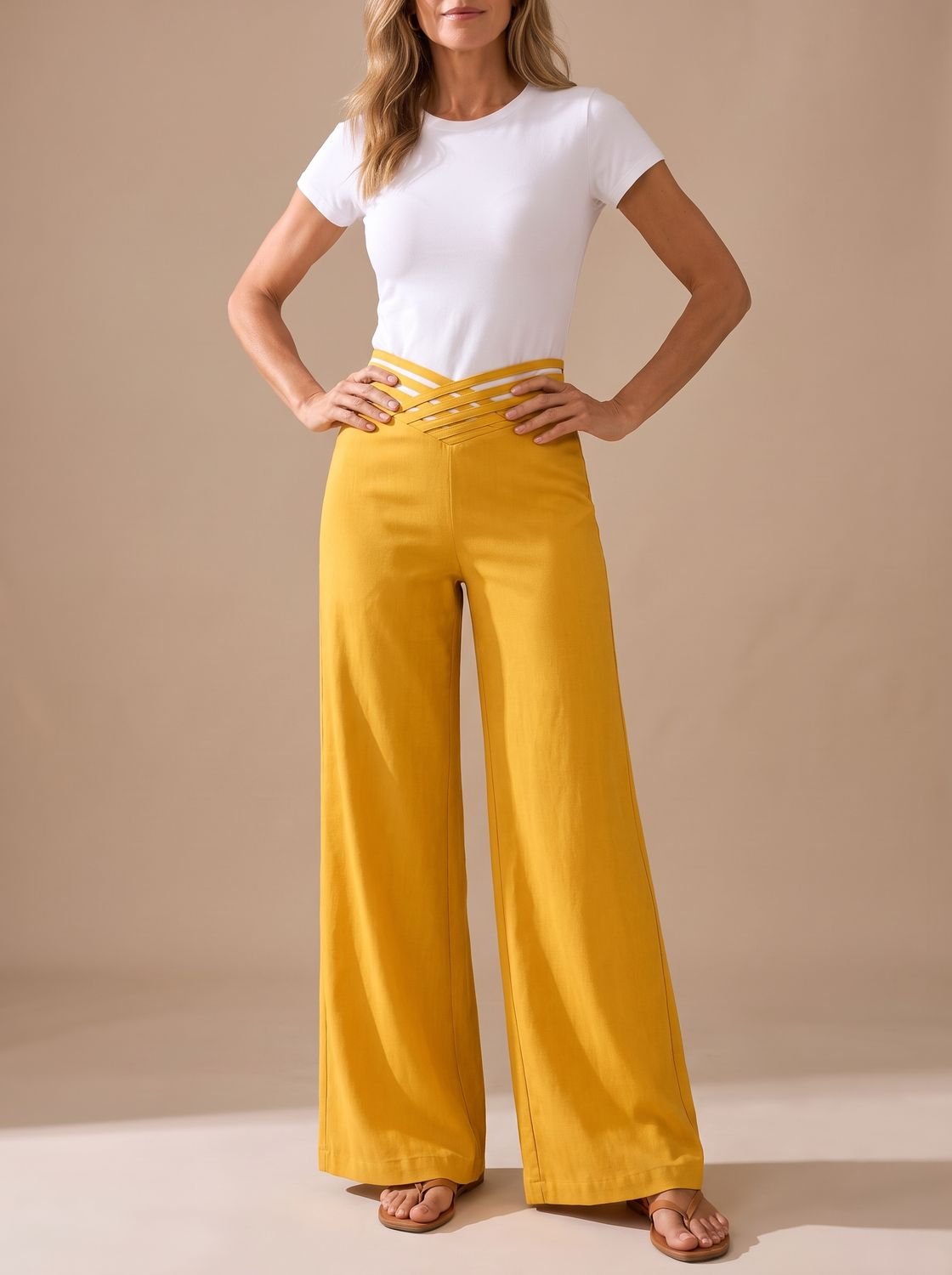 Women's High-Waist Crossover-Waistband Wide-Leg Pants