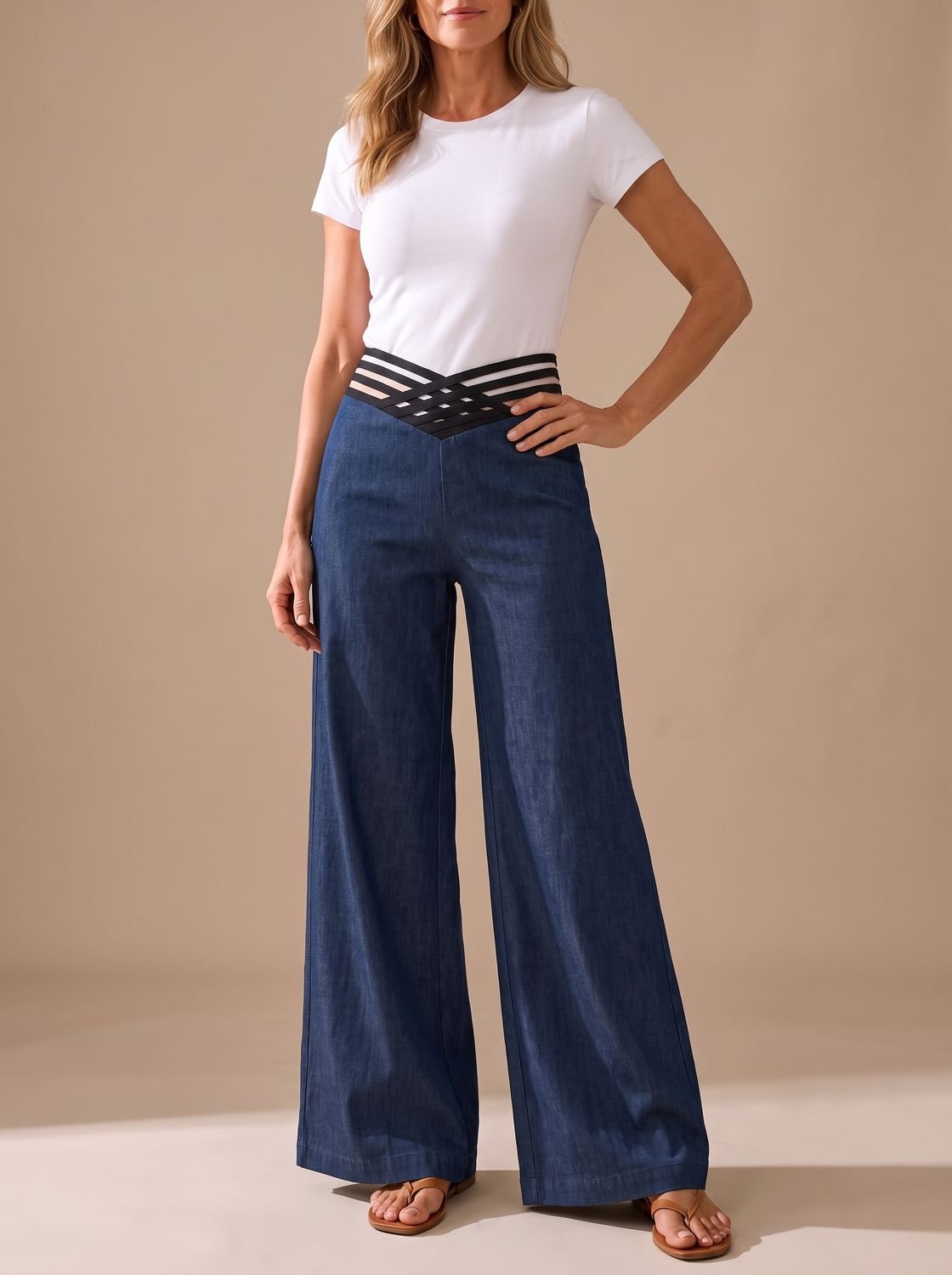 Women's High-Waist Crossover-Waistband Wide-Leg Pants