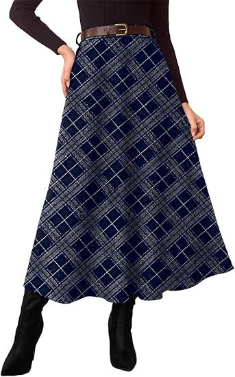 Women's High-Waisted Checked A-Line Midi Skirt with Side Pockets