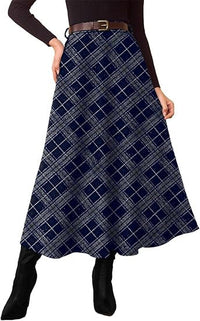 Women's High-Waisted Checked A-Line Midi Skirt with Side Pockets