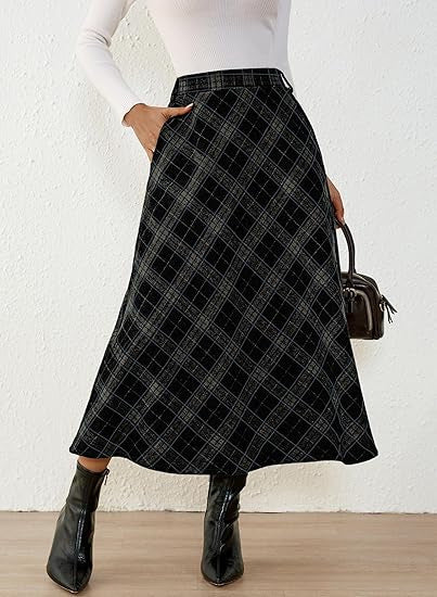 Women's High-Waisted Checked A-Line Midi Skirt with Side Pockets