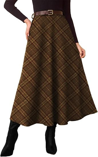 Women's High-Waisted Checked A-Line Midi Skirt with Side Pockets