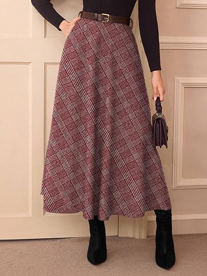 Women's High-Waisted Checked A-Line Midi Skirt with Side Pockets