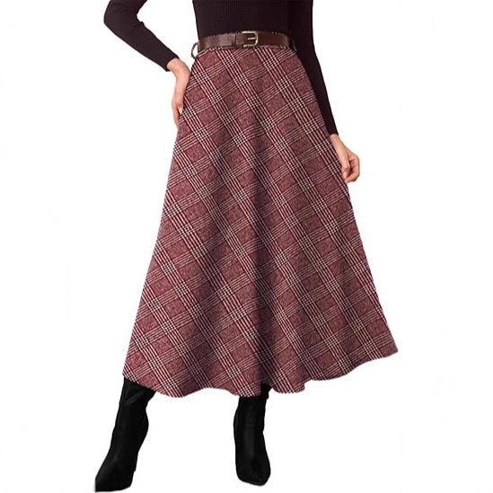 Women's High-Waisted Checked A-Line Midi Skirt with Side Pockets