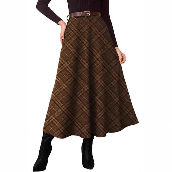 Women's High-Waisted Checked A-Line Midi Skirt with Side Pockets