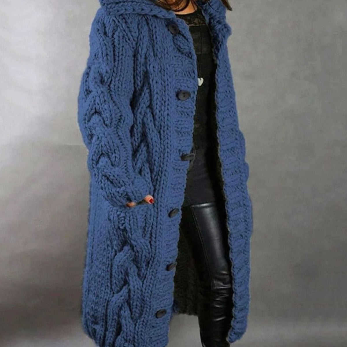 Women's Hooded Cable Knit Long Button-Front Cardigan Sweater Coat