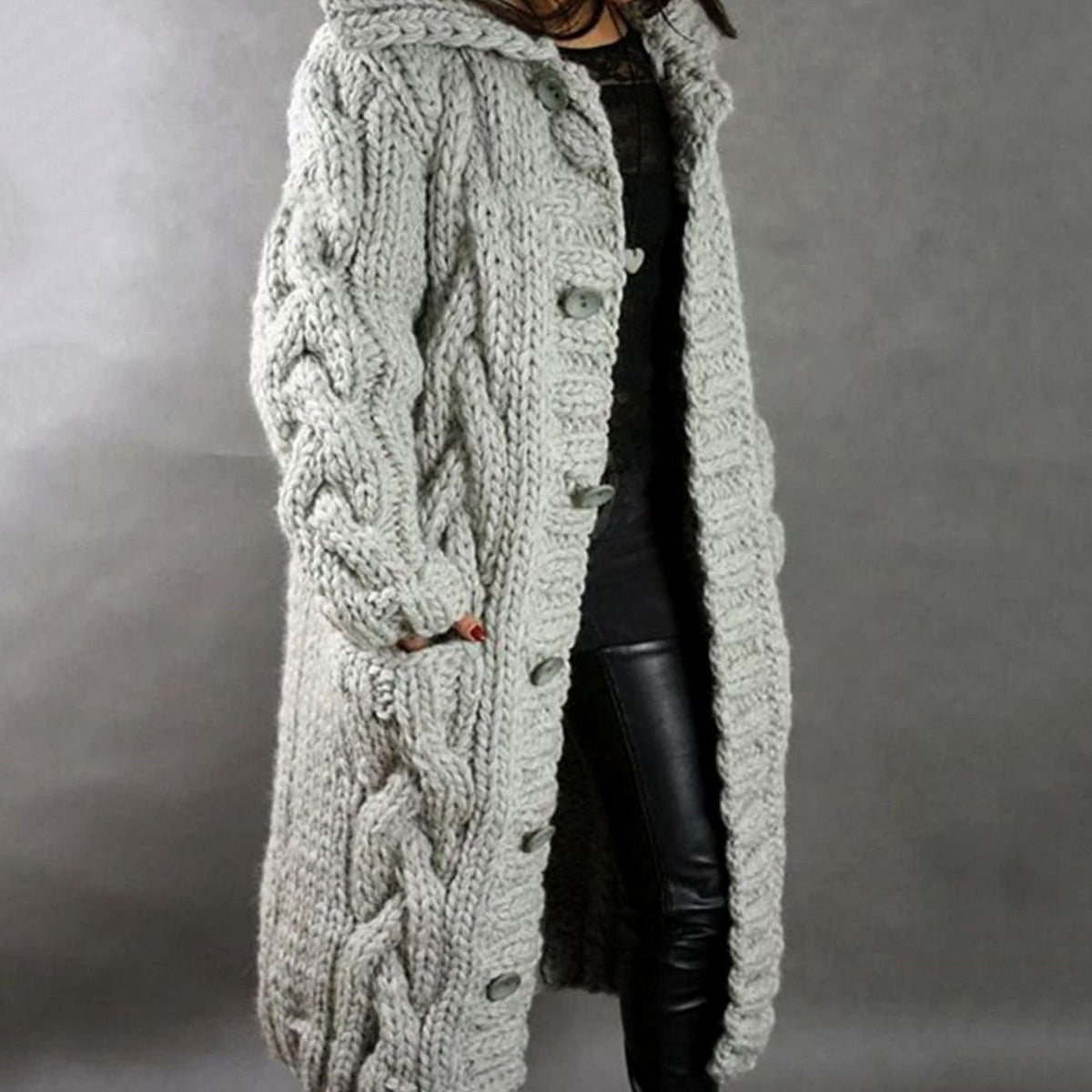 Women's Hooded Cable Knit Long Button-Front Cardigan Sweater Coat