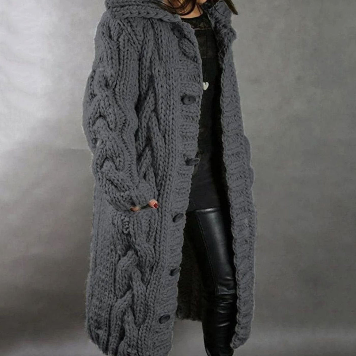Women's Hooded Cable Knit Long Button-Front Cardigan Sweater Coat