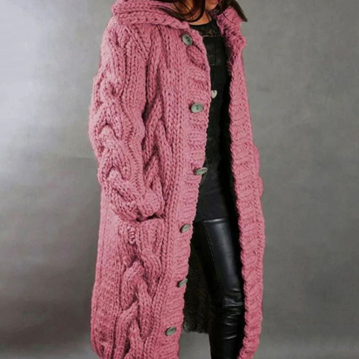 Women's Hooded Cable Knit Long Button-Front Cardigan Sweater Coat