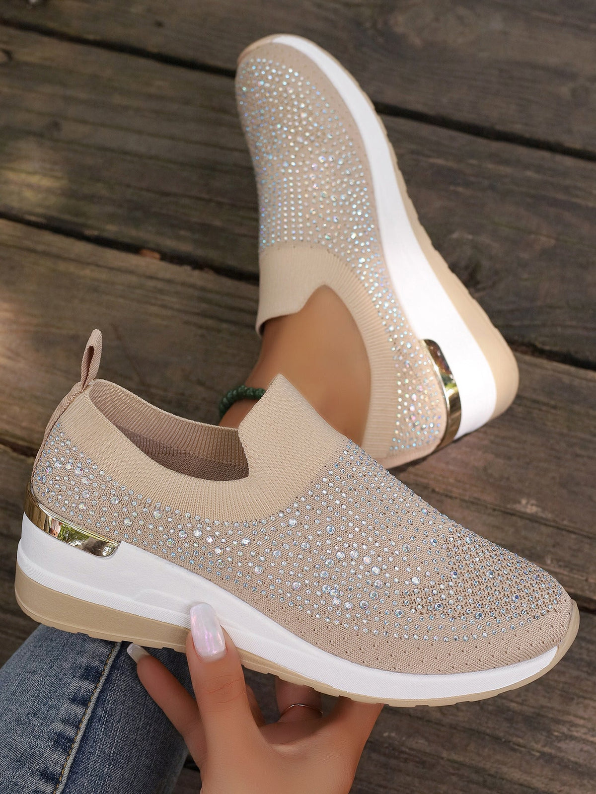 Women's Knit Slip-On Sneakers with Rhinestone Embellishments and Cushioned Platform Sole