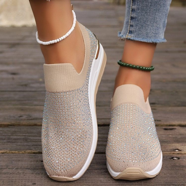 Women's Knit Slip-On Sneakers with Rhinestone Embellishments and Cushioned Platform Sole