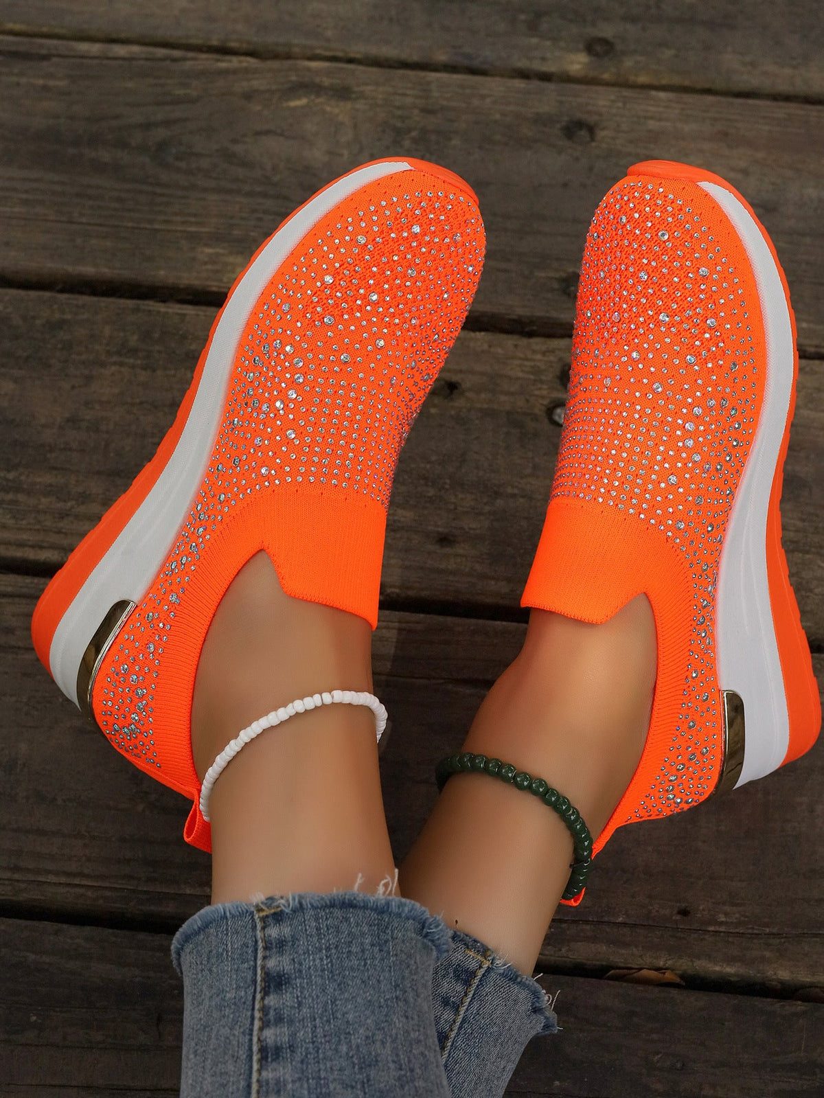 Women's Knit Slip-On Sneakers with Rhinestone Embellishments and Cushioned Platform Sole