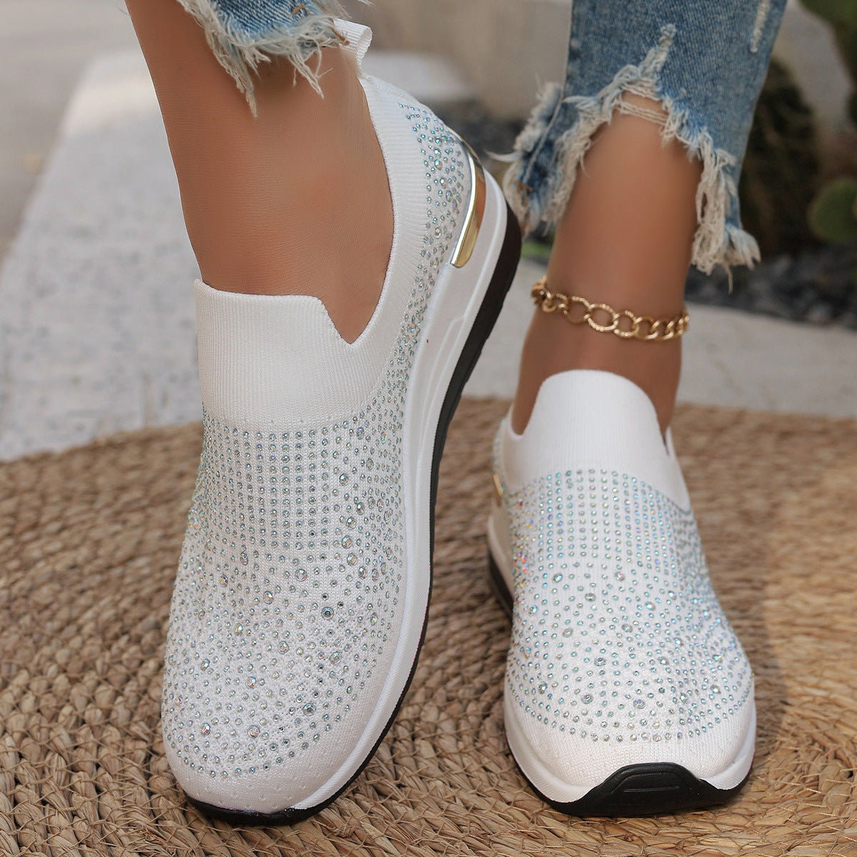 Women's Knit Slip-On Sneakers with Rhinestone Embellishments and Cushioned Platform Sole