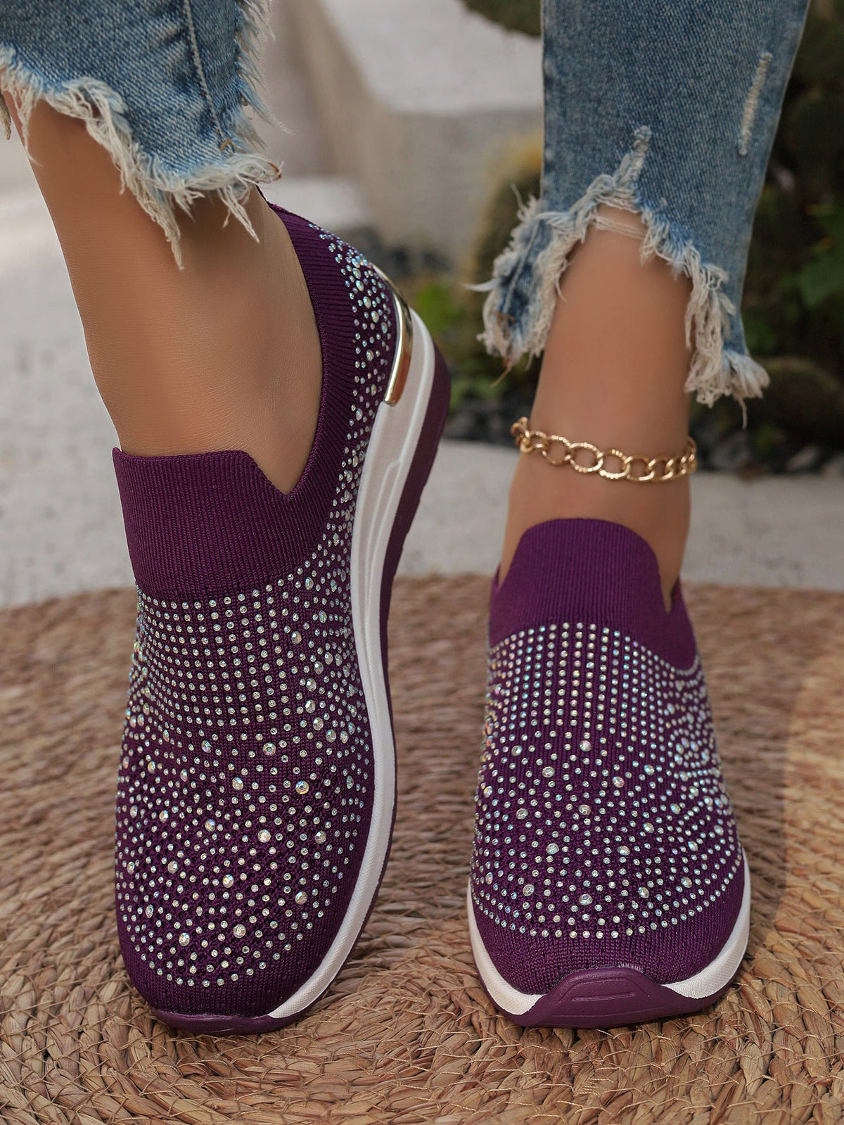 Women's Knit Slip-On Sneakers with Rhinestone Embellishments and Cushioned Platform Sole