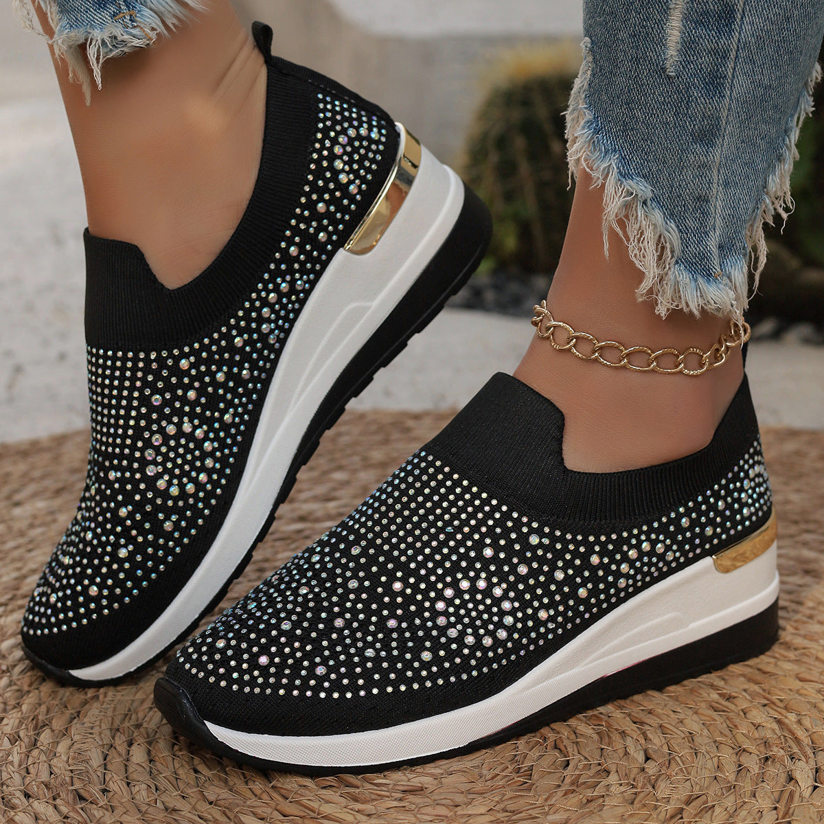 Women's Knit Slip-On Sneakers with Rhinestone Embellishments and Cushioned Platform Sole