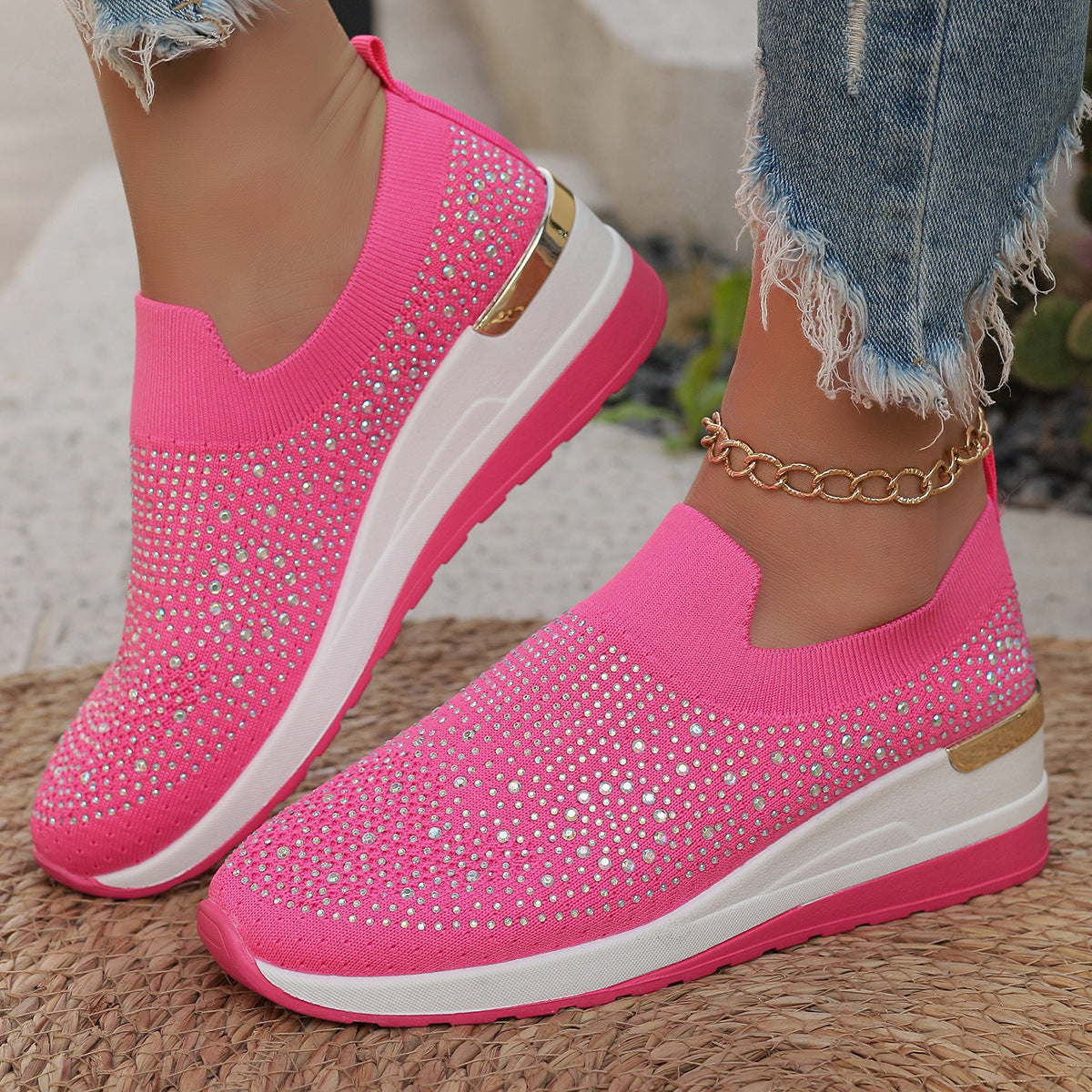 Women's Knit Slip-On Sneakers with Rhinestone Embellishments and Cushioned Platform Sole