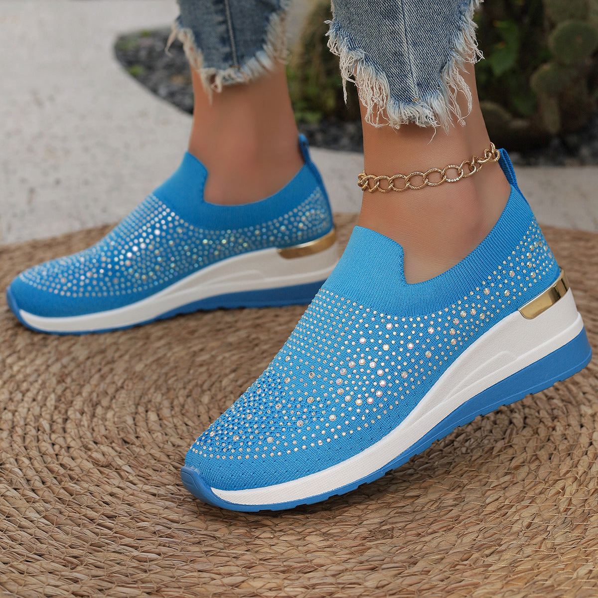 Women's Knit Slip-On Sneakers with Rhinestone Embellishments and Cushioned Platform Sole