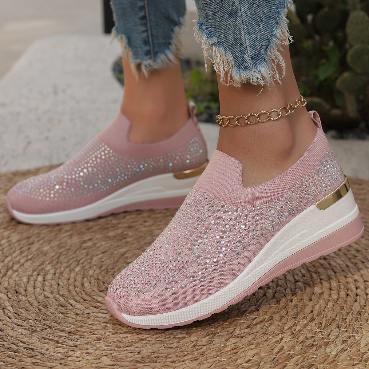 Women's Knit Slip-On Sneakers with Rhinestone Embellishments and Cushioned Platform Sole